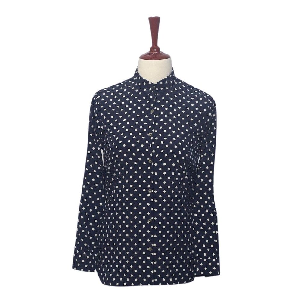 Womens Silky Satin Shirt Blue Polka Dot Blouse Button Up Dressy Top Medium Work